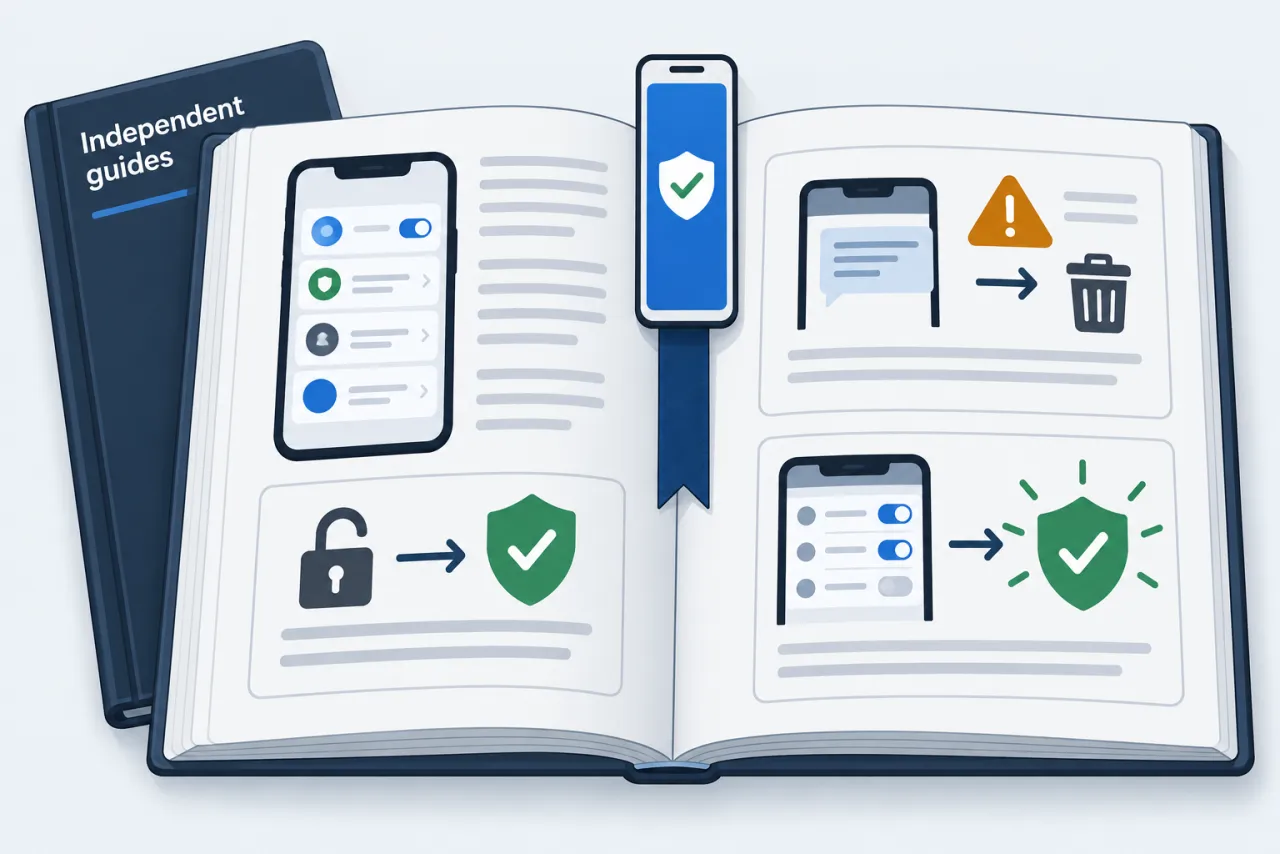 An open reference handbook with phone diagrams and a phone-shaped bookmark.