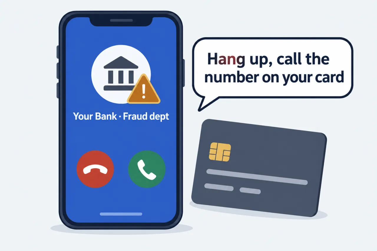 An incoming call labeled as a bank fraud department next to a payment card, with advice to hang up and call the number on the card.
