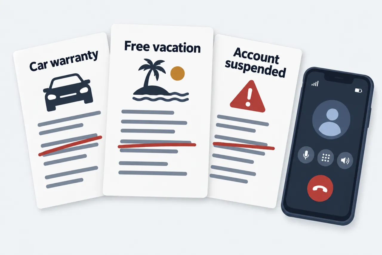 Three script cards — car warranty, free vacation, account suspended — with the urgent lines struck through.