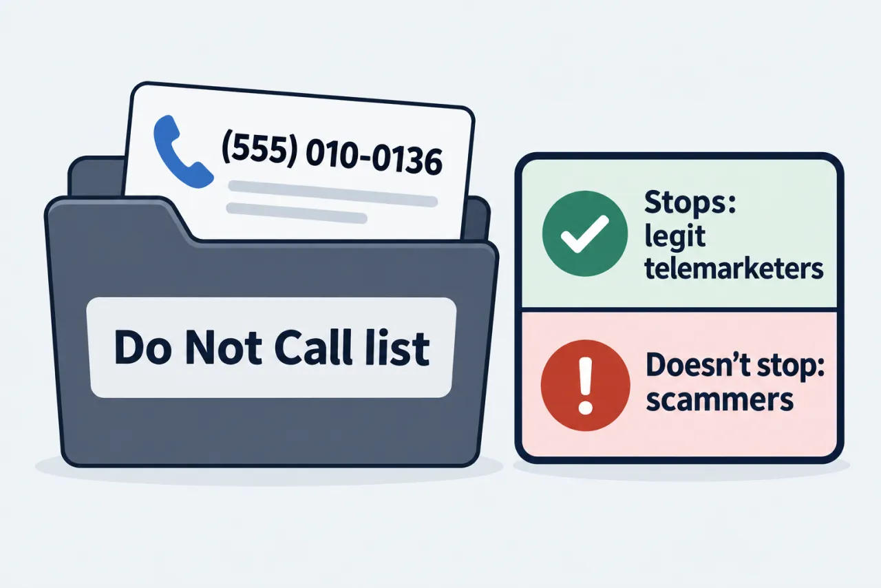 A phone number card filed in a Do Not Call folder, with a note on what the list stops and what it can’t.