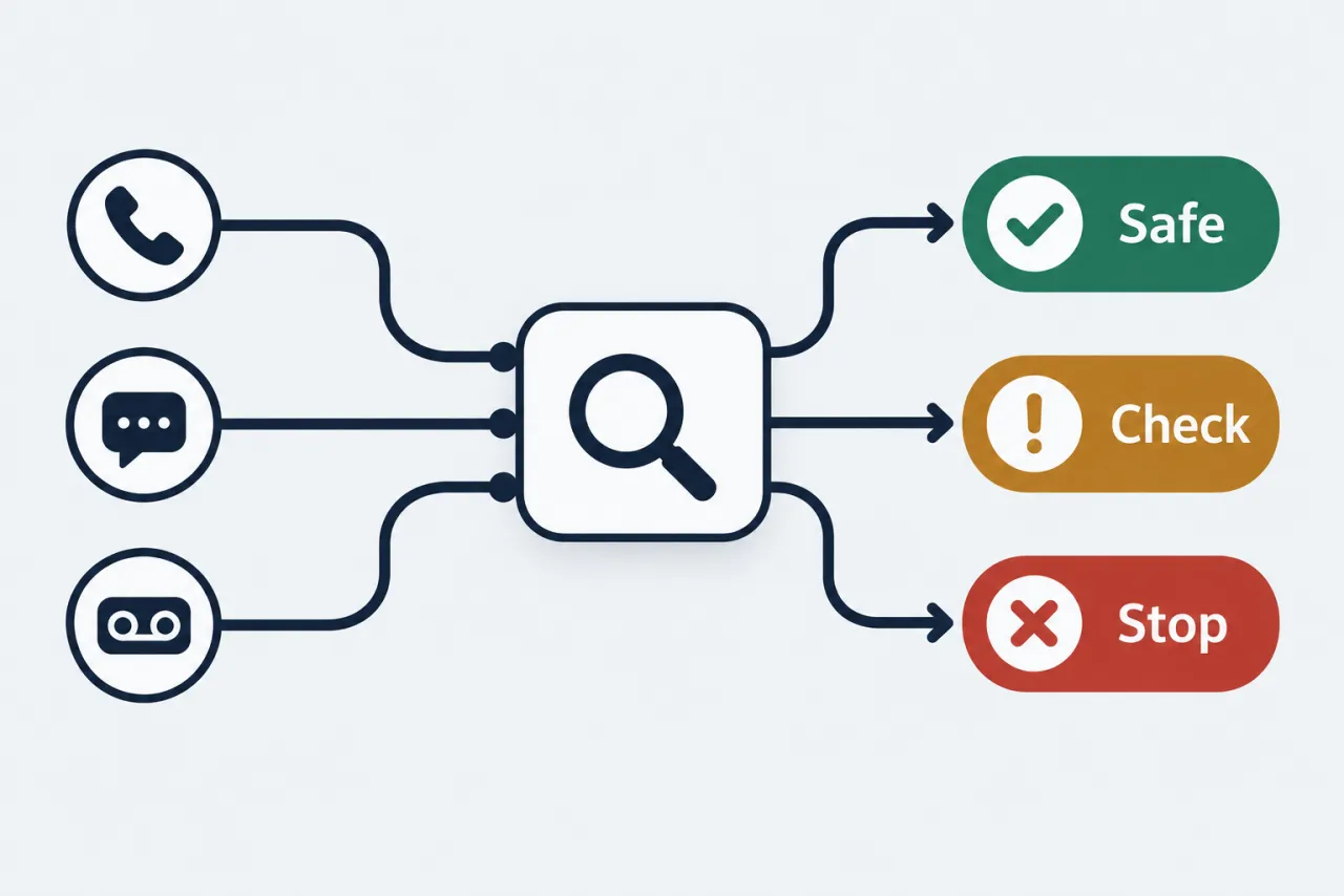 Three incoming channels — a call, a text and a voicemail — passing through a magnifier and splitting into Safe, Check and Stop lanes.