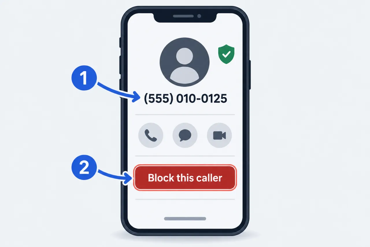 A contact screen for an unknown number with the “Block this caller” button highlighted in two steps.