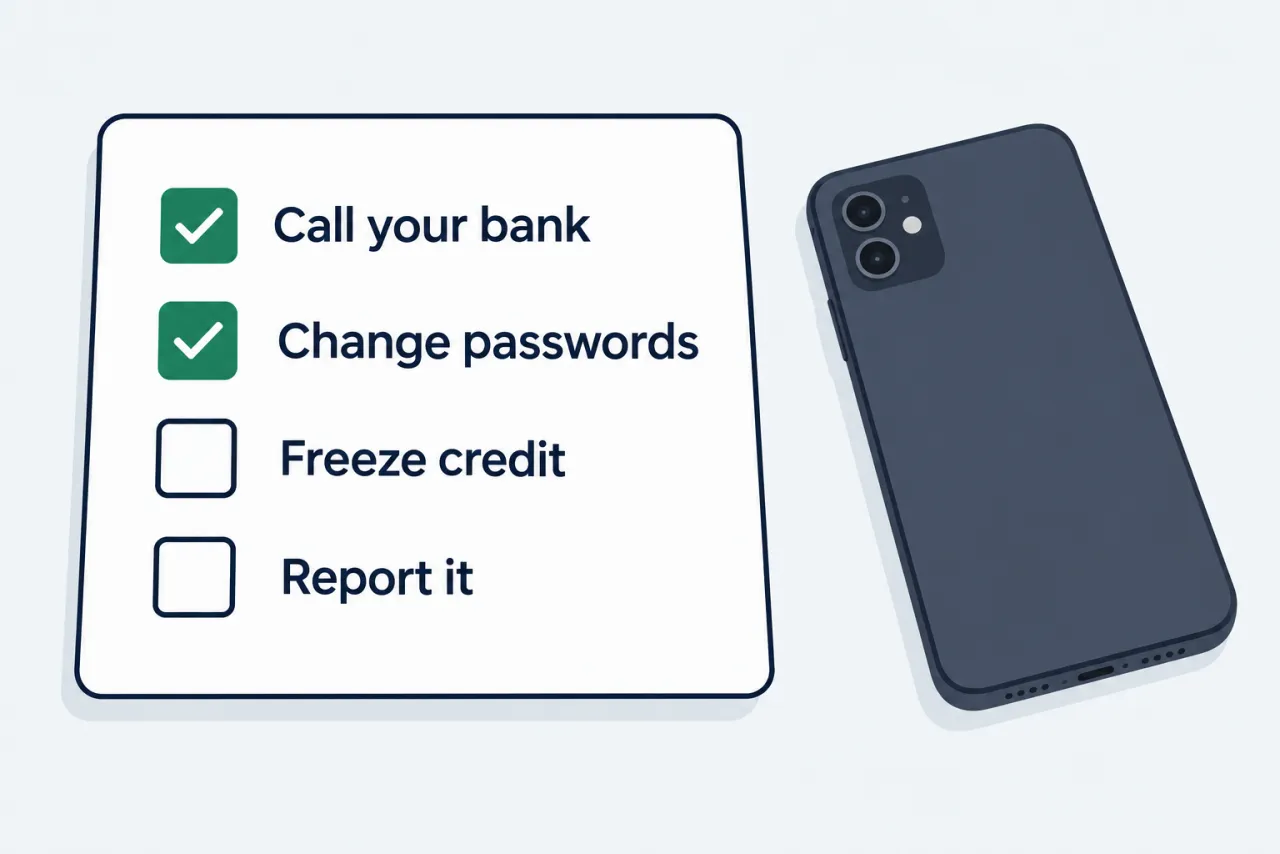 A recovery checklist — call your bank, change passwords, freeze credit, report it — with the first two items ticked.