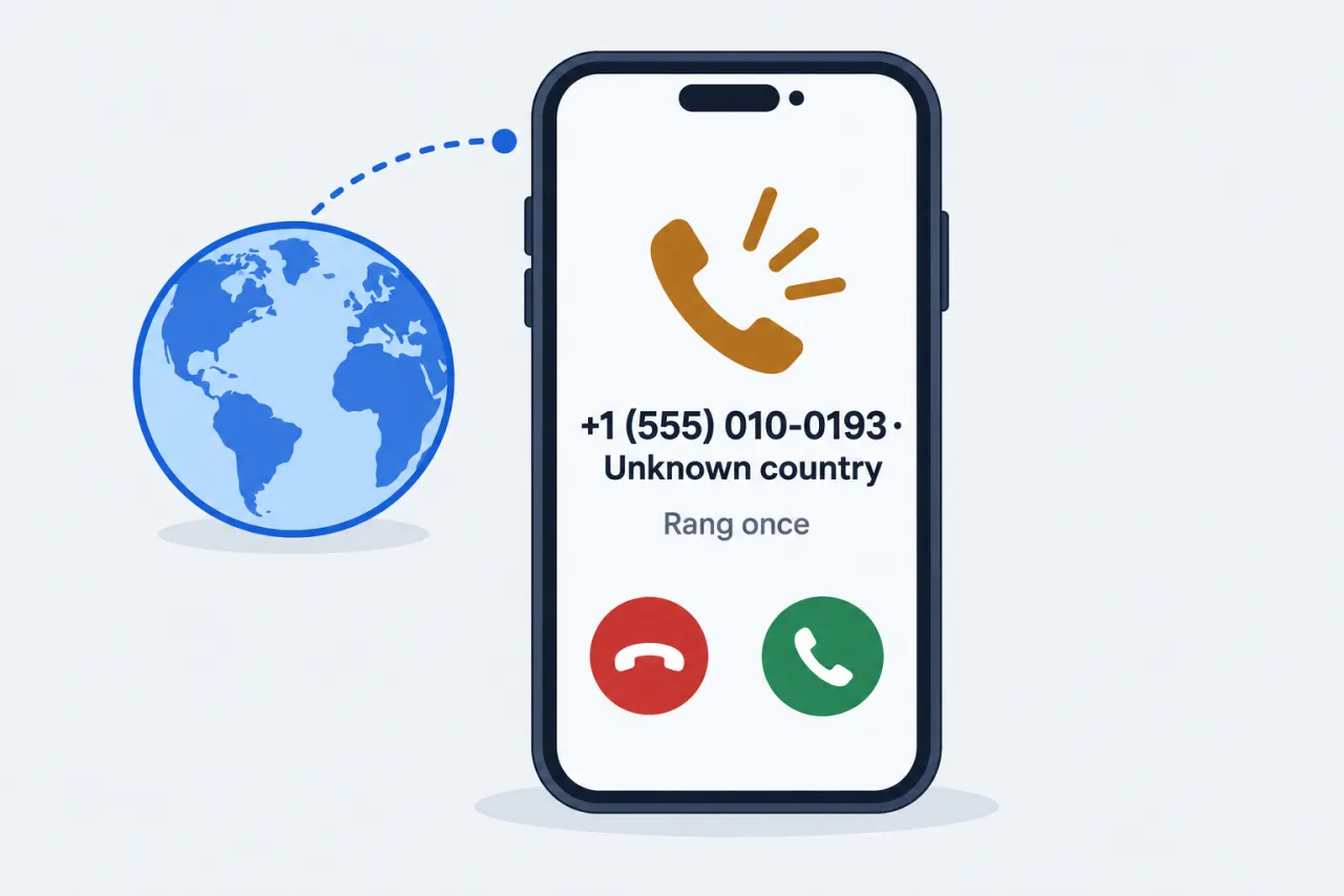 A phone showing a missed call from an unknown country, with a globe and a dotted route line.