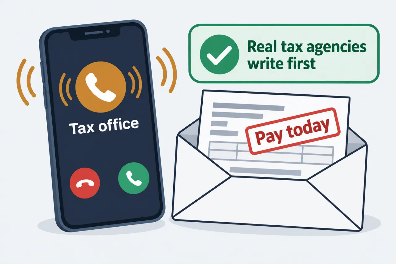 A phone ringing from “Tax office” beside an envelope stamped “Pay today”, with a note that real tax agencies write first.