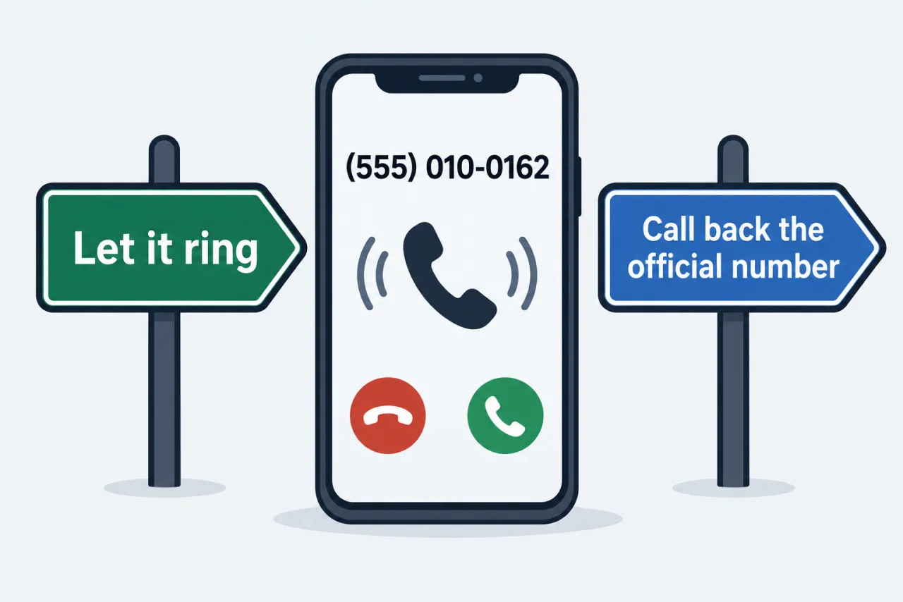A phone with an incoming call between two signposts: let it ring, or call back the official number.