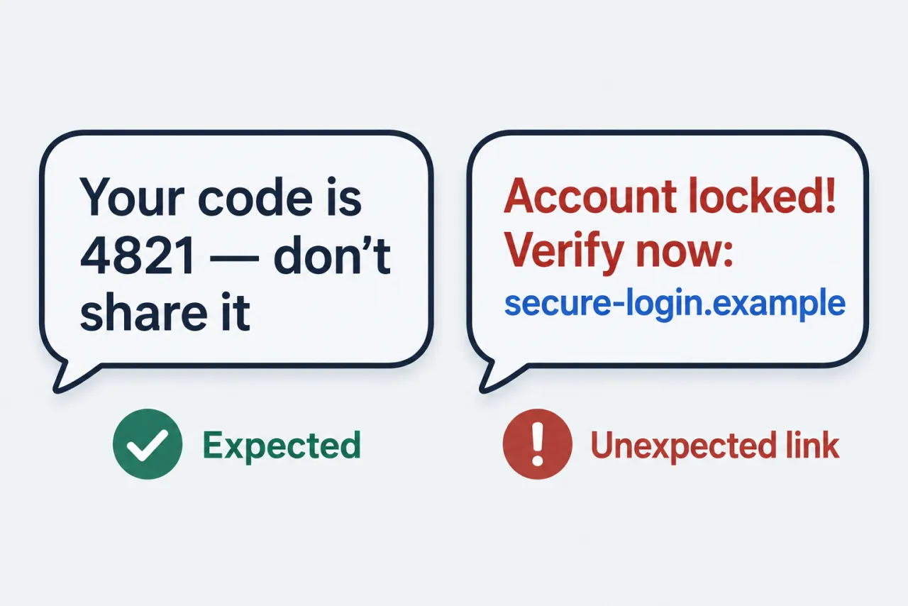 Two texts side by side: an expected verification code and an unexpected “account locked” message with a link.