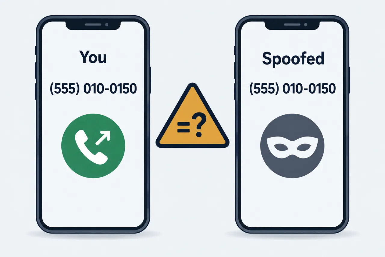 Two phones showing the same number, one yours and one spoofed, with a question mark between them.