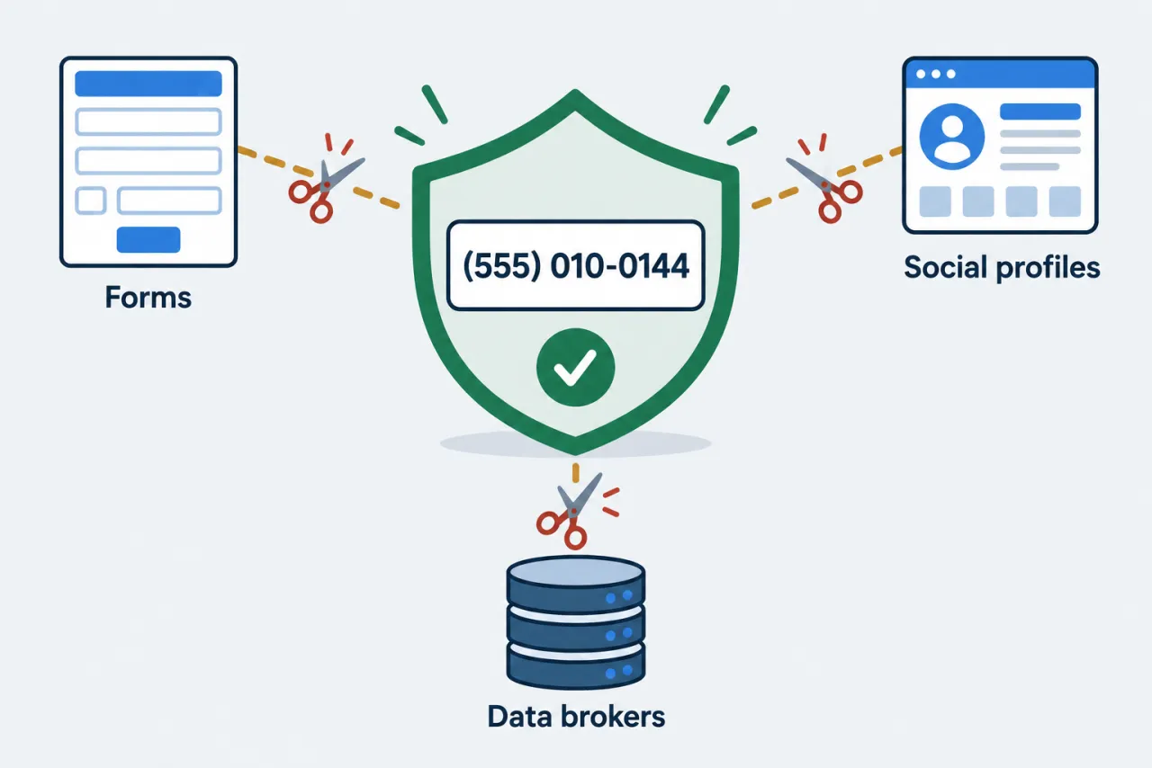 A phone number inside a shield, with links to forms, social profiles and data brokers being cut.