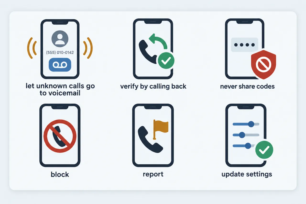 A checklist board of six phone-safety habits, from letting unknown calls go to voicemail to reporting.