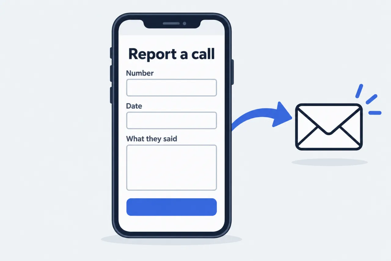 A phone with a “Report a call” form and an envelope being sent.
