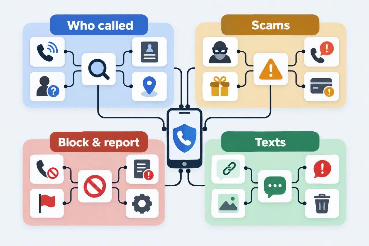 A map of guide cards grouped into who called, scams, block and report, and texts.