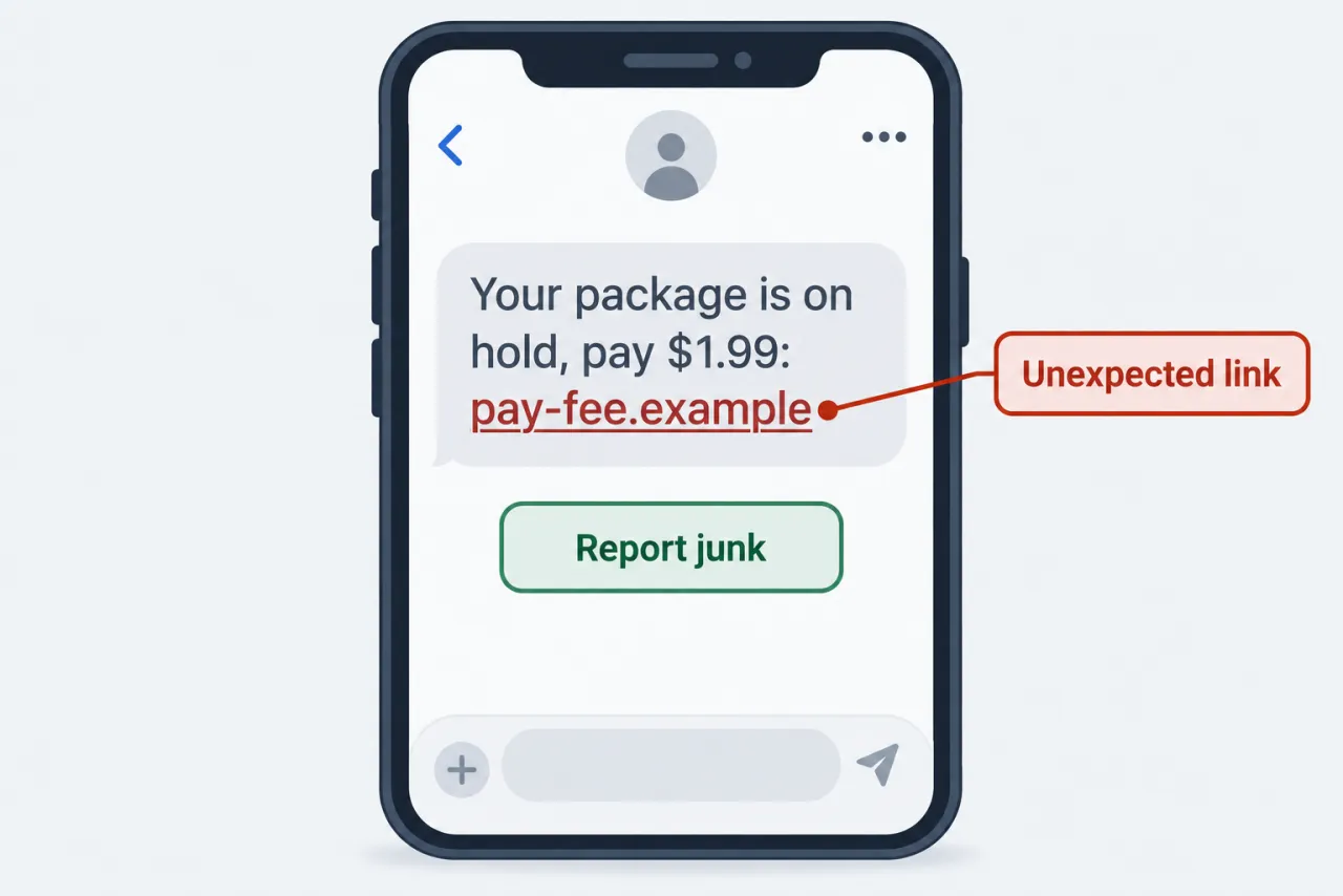 A text message about a package fee with an unexpected link flagged in red and a “Report junk” button.