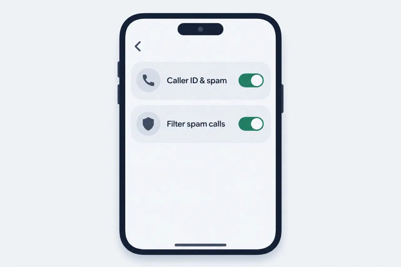 A phone settings screen with caller ID and spam filtering switched on.