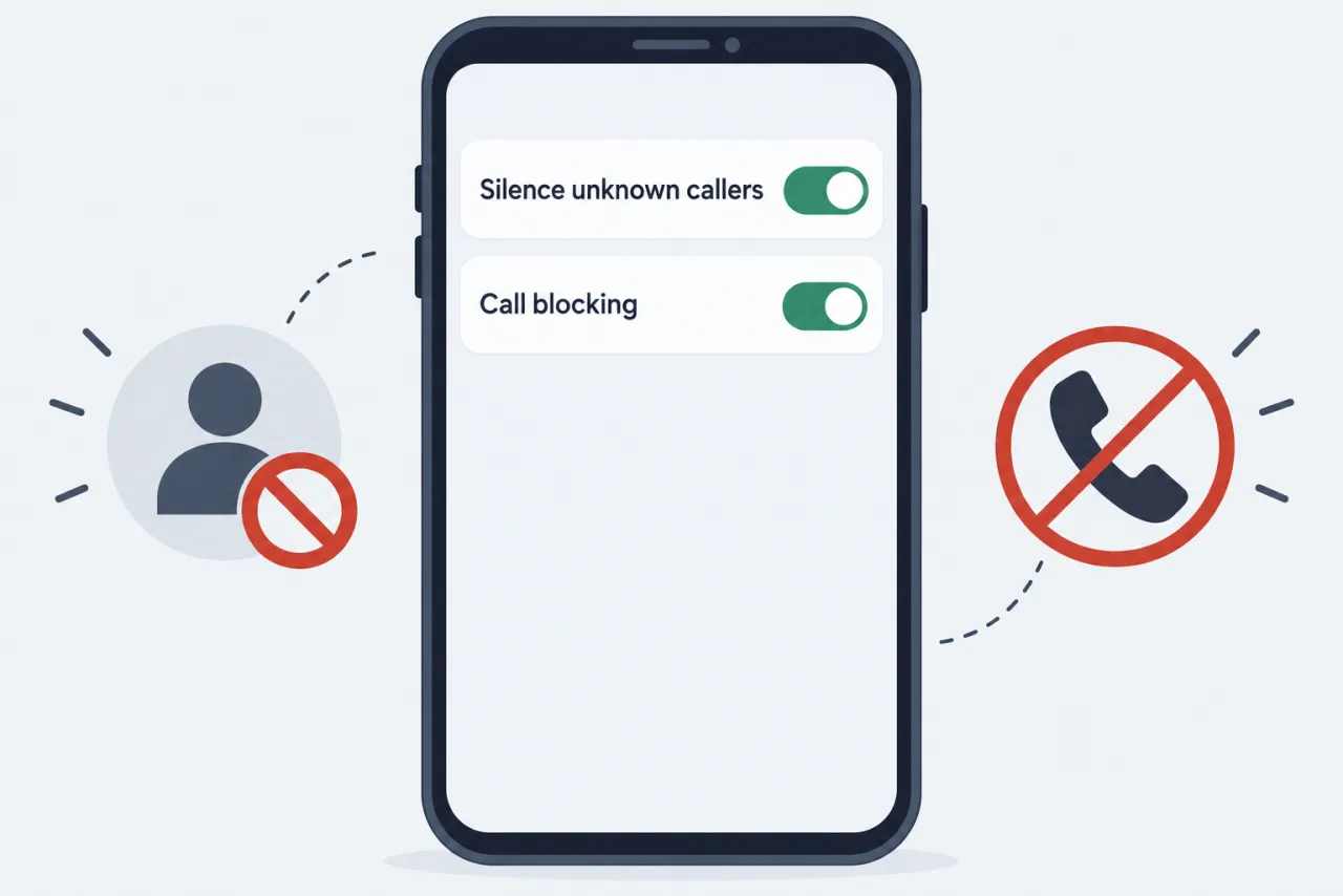 A phone settings screen with “Silence unknown callers” and call blocking switched on.