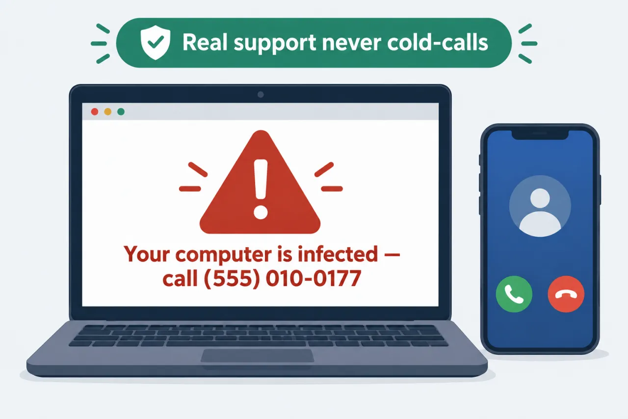 A laptop showing a fake infection warning with a phone number, and a phone beside it; real support never cold-calls.