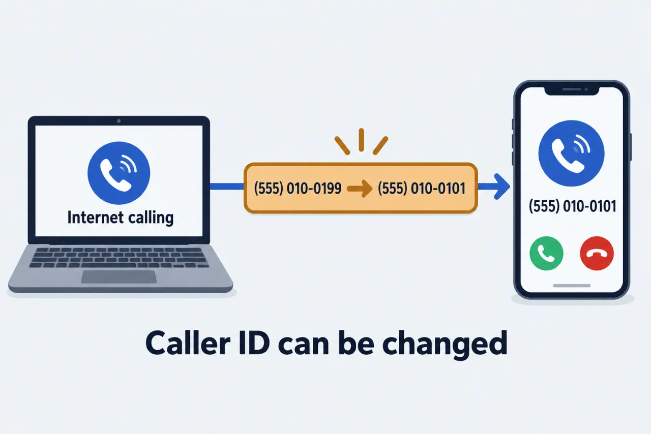 A call travelling from an internet-calling laptop to a phone while the displayed number is swapped on the way.