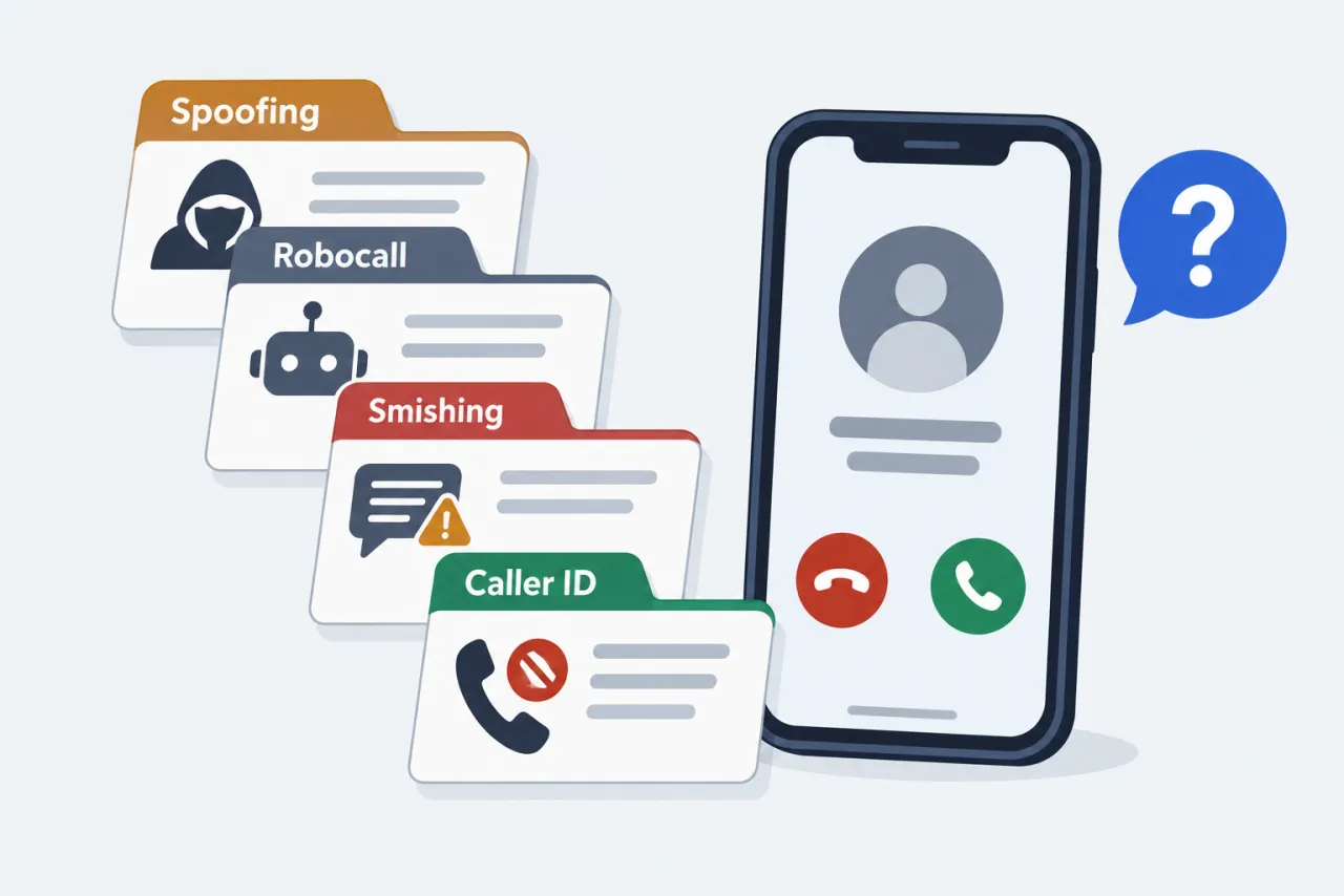 Glossary cards for spoofing, robocall, smishing and caller ID next to a phone.