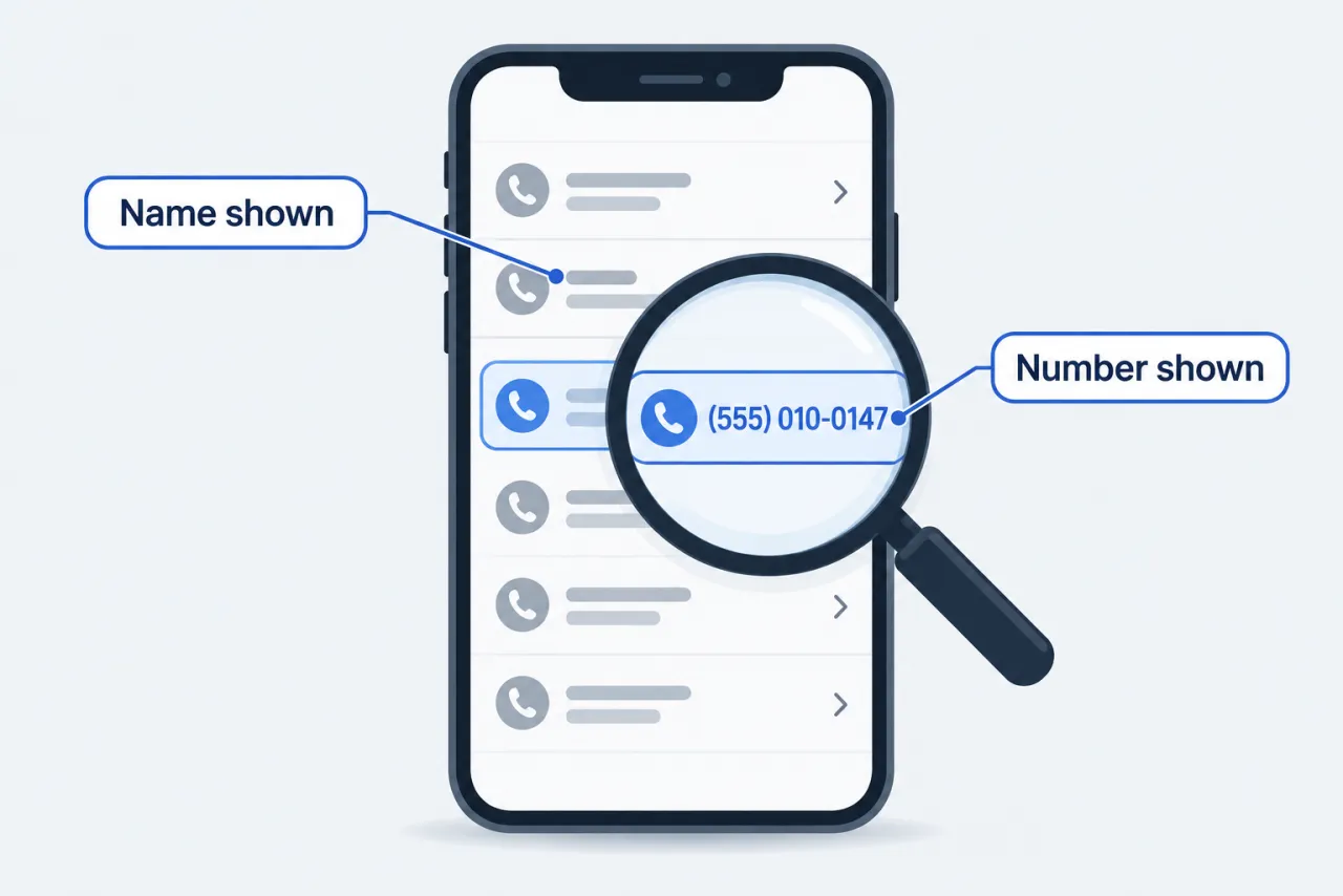 A phone’s recent-calls list with one unknown number highlighted under a magnifying glass, labels pointing to the name and number shown.
